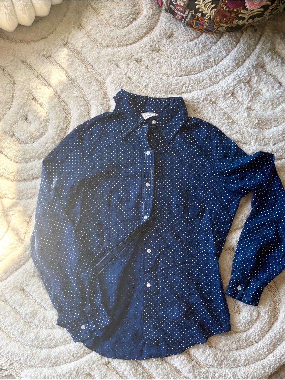 Women's Vintage “The Shirt Off His Back” Navy Blue Polka Dot Button-Front Blouse